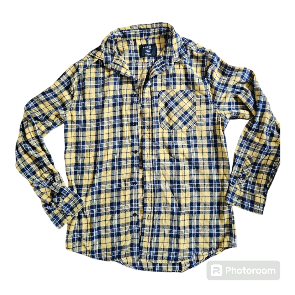Rue21: Yellow & Blue Plaid Collard Button Down Long Sleeve Flannel | NWOT!! 💛